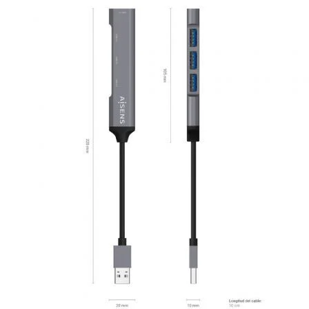 AISENS Hub USB 3.0 de Aluminio 4x Tipo A, Gris, 10cm